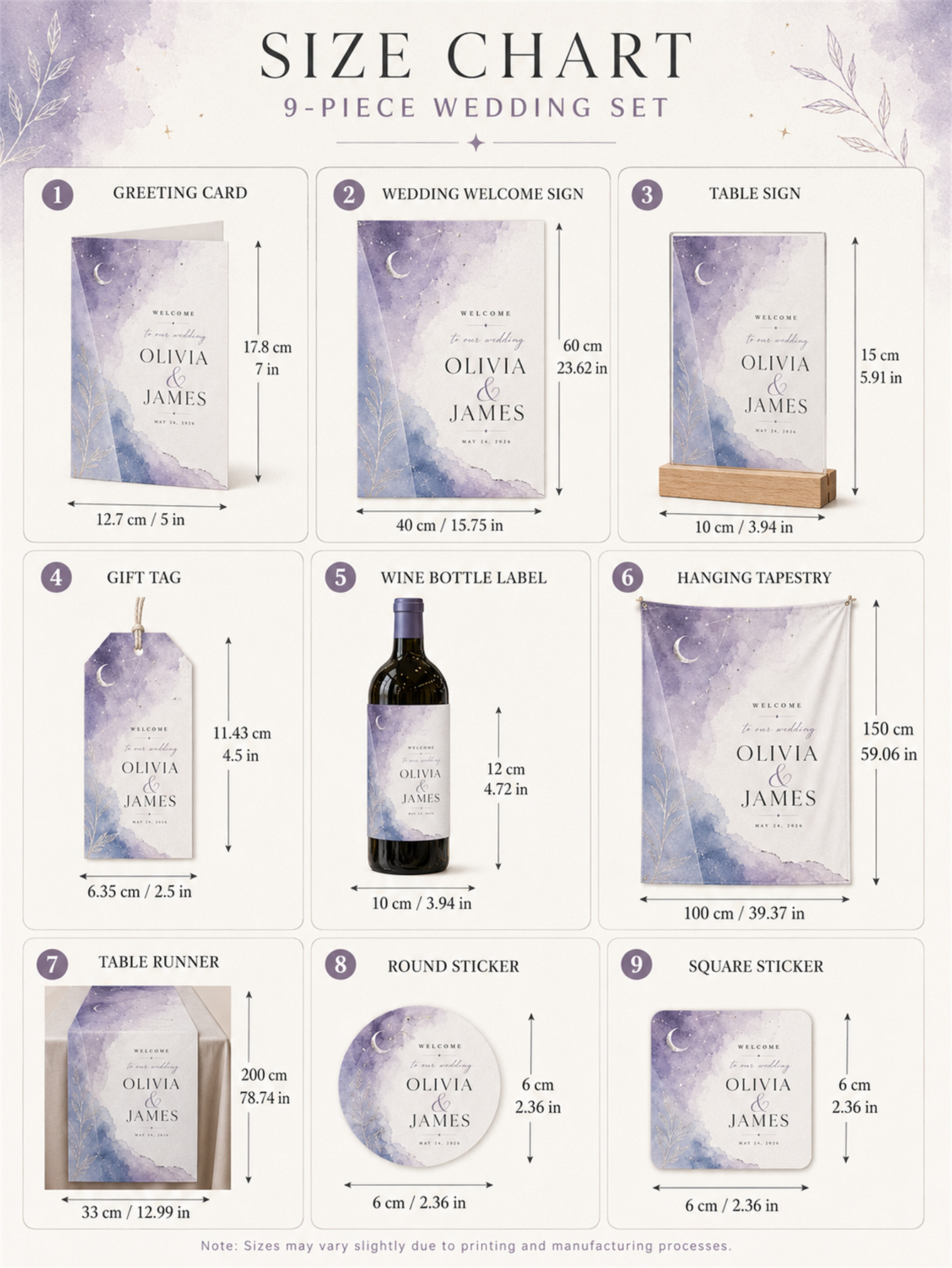 Customized celestial lavender wedding decorations - moon, stars and watercolor designs for a luxurious wedding - customized names and dates